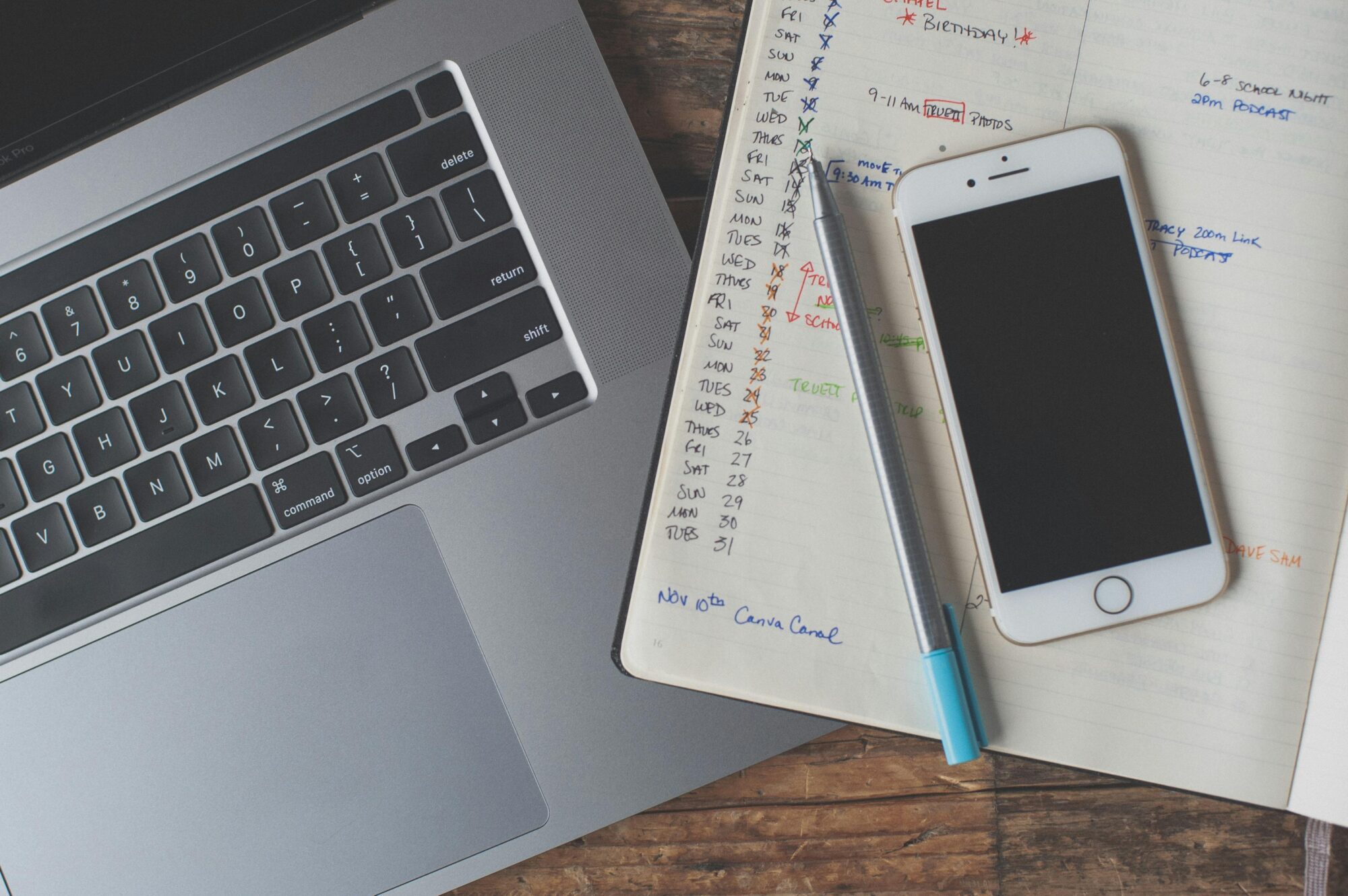 laptop phone and calendar/diary